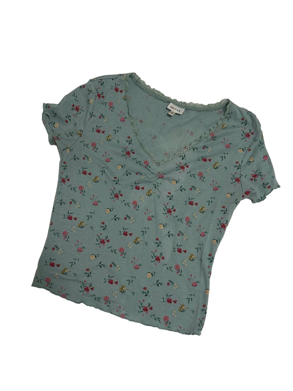 Floral V‑Neck Short Sleeve Tee in Light Teal